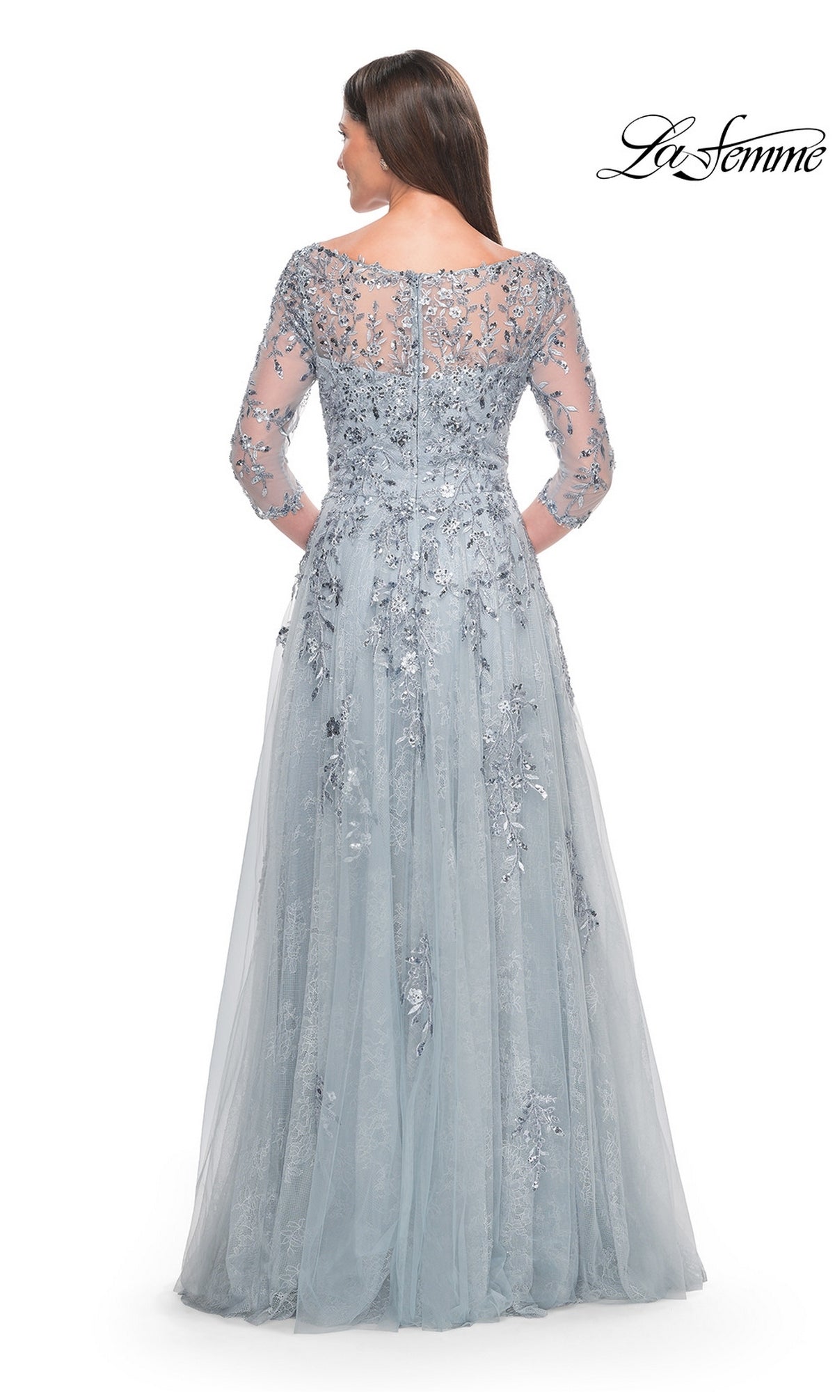 Back view of the dusty blue La Femme 31795 long formal dress, featuring three-quarter sleeves, an illusion neckline, and silver floral embroidery.